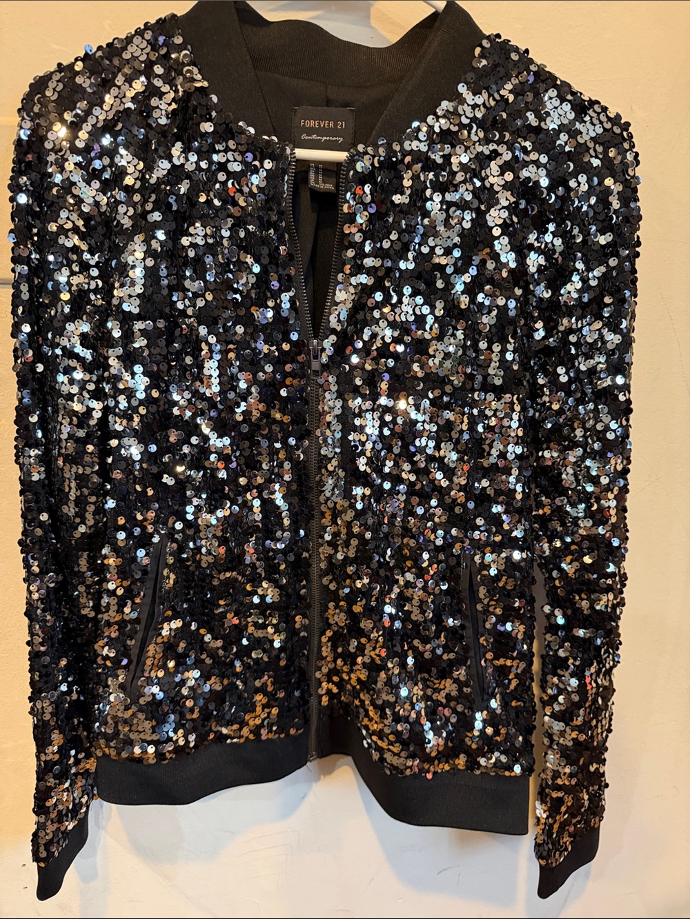 Forever 21 Black Sequin Bomber Jacket with Iridescent Shine